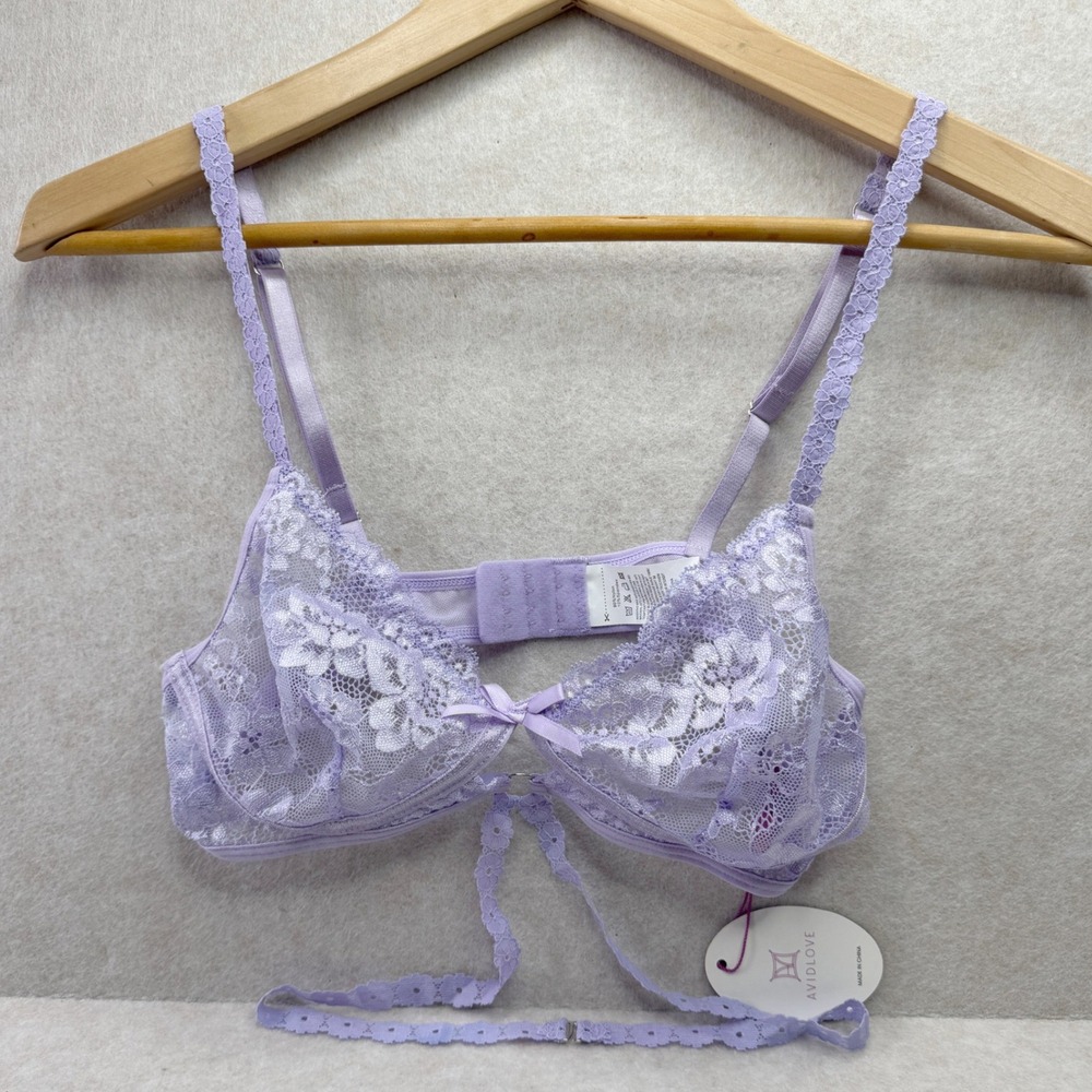 AVIDLOVE Purple Lace Bow Detail‎ Bralette Bra Size S Sheer wireless New